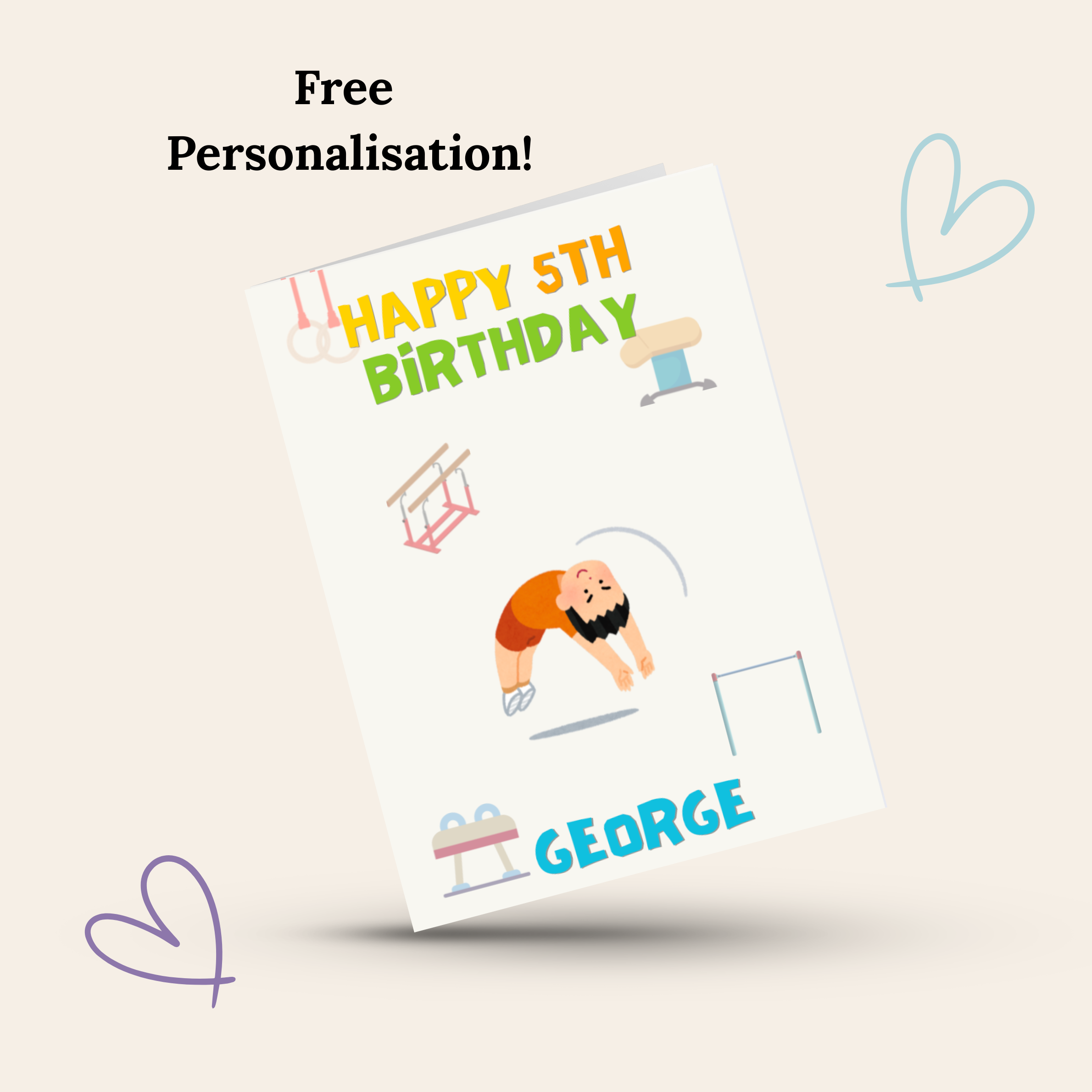 boys gymnastics birthday card with cartoon character and text 'Happy 5th Birthday George' on a beige background