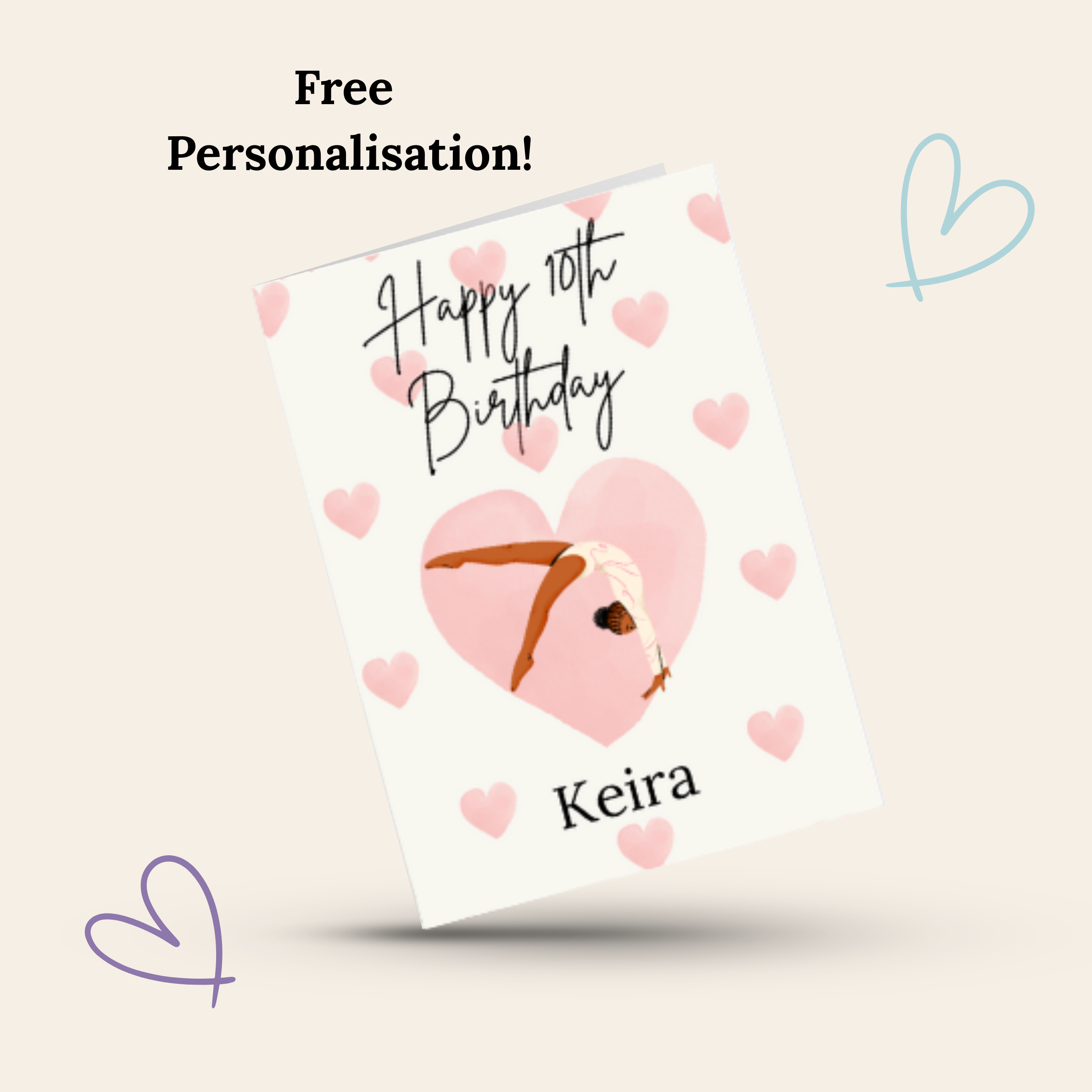 Gymnastics birthday card with a gymnast design, hearts, and text on a beige background