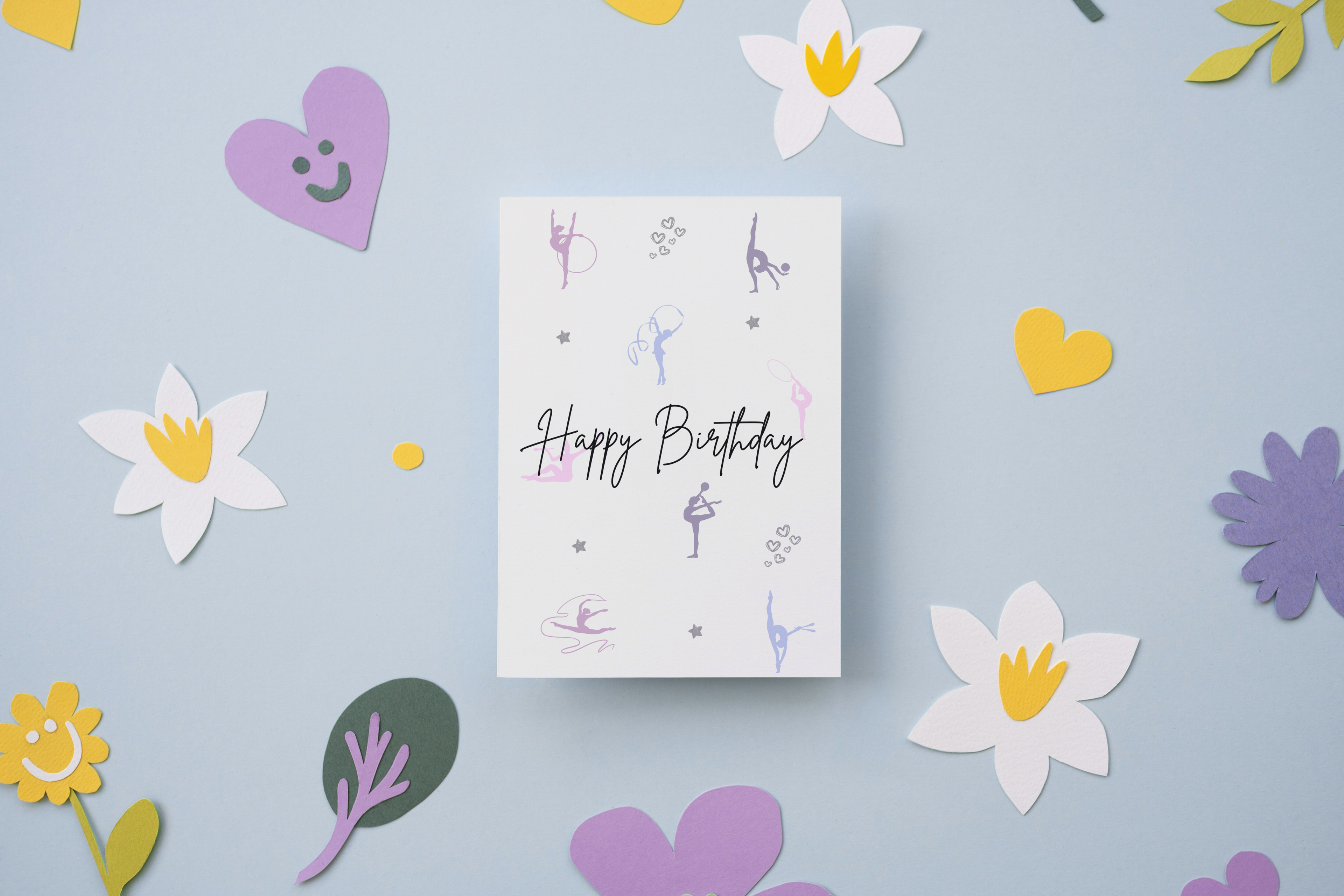 Gymnastics birthday card with colorful paper flowers and hearts on a light blue background
