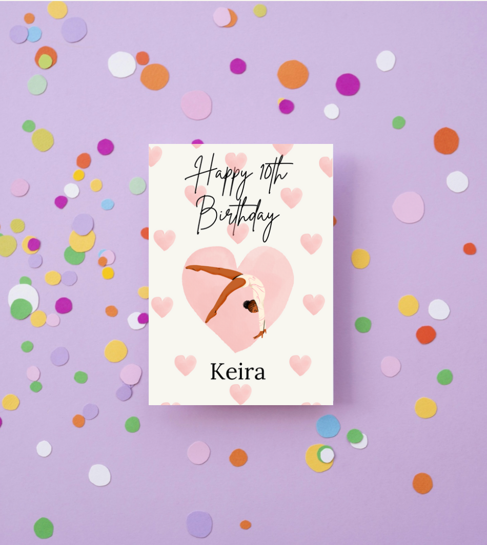 Personalised girls birthday card with heart and gymnast illustration on a purple background with confetti