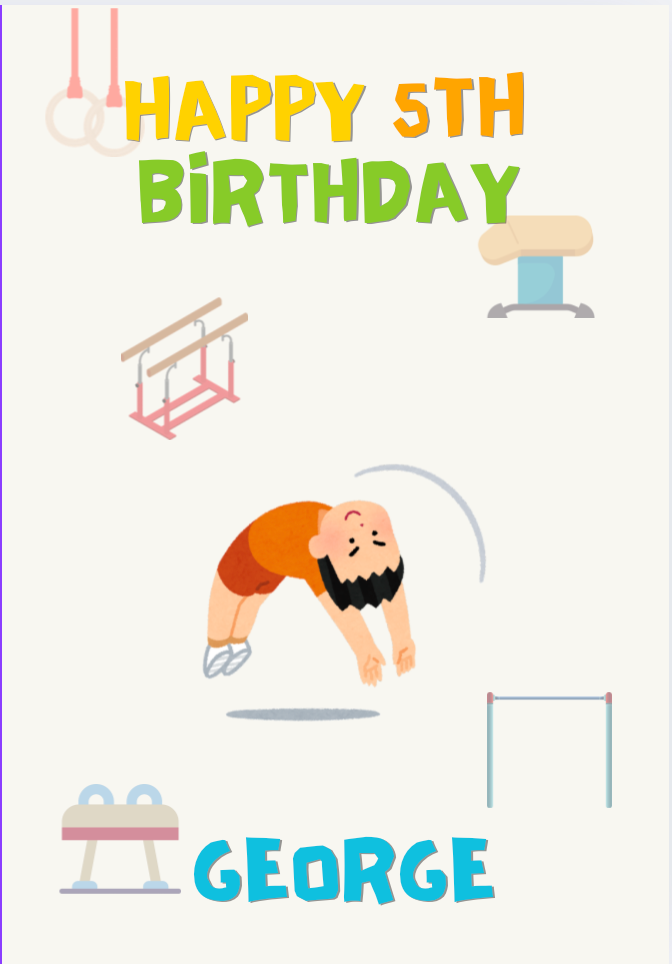 Happy 5th Birthday card with a child doing a flic, surrounded by mens gymnastics equipment.