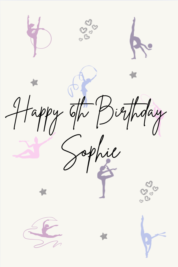 Happy 6th Birthday card with rhythmic gymnastics illustrations
