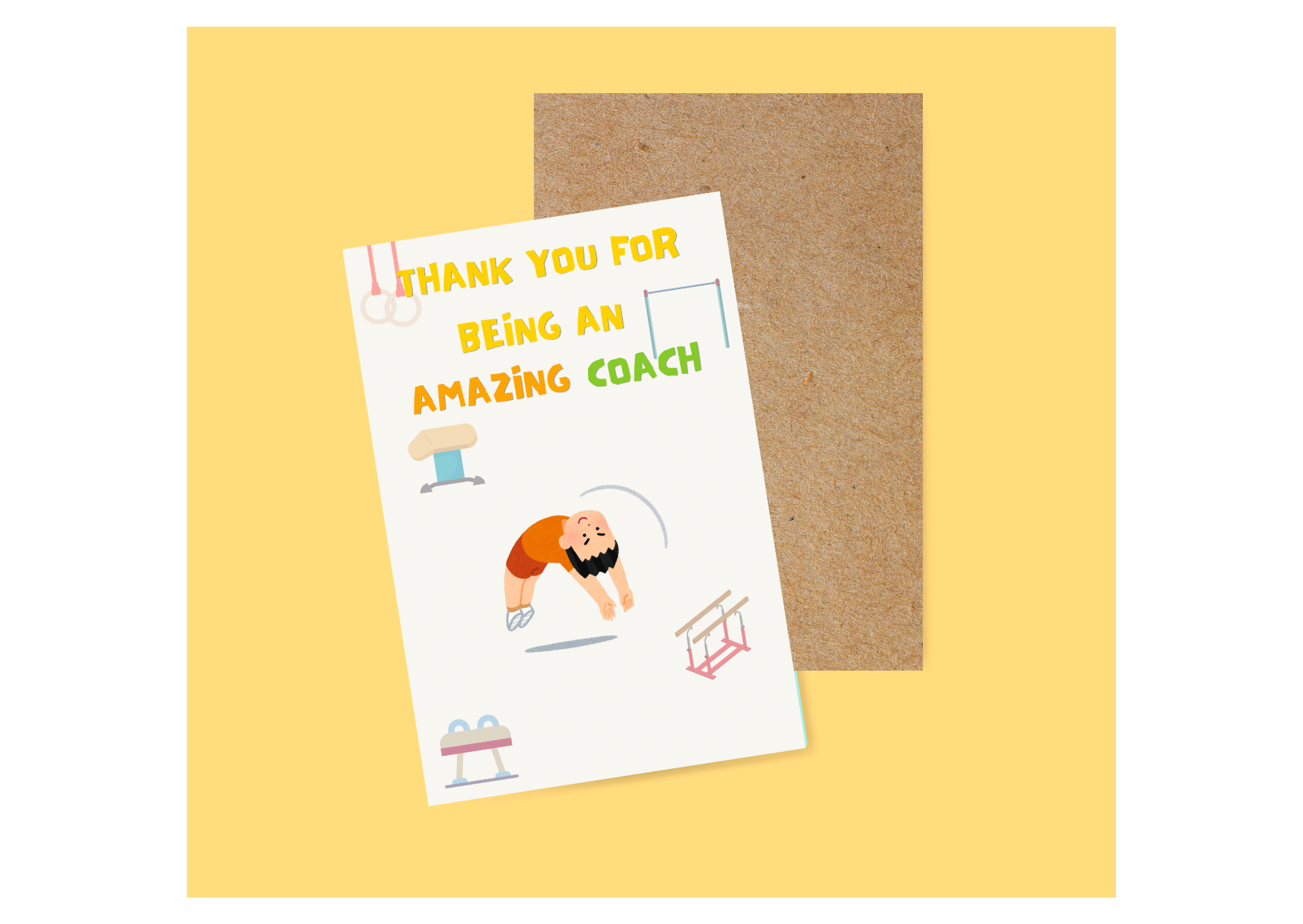 Gymnastics thank you card for coach with 'Thank you for being an amazing coach' text and boys gymnastics illustrations on a yellow background