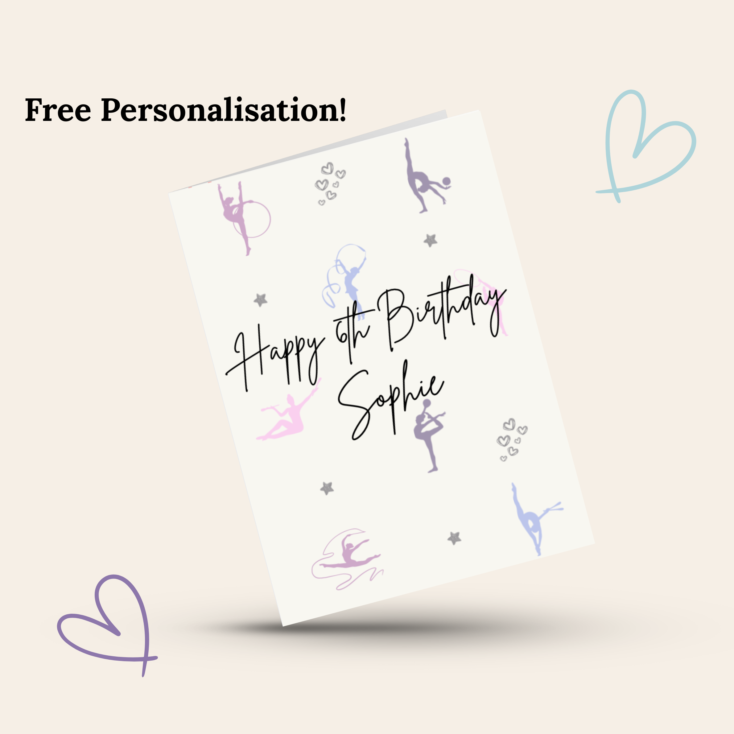 Personalised gymnastics birthday card with rhythmic gymnast illustrations on a beige background