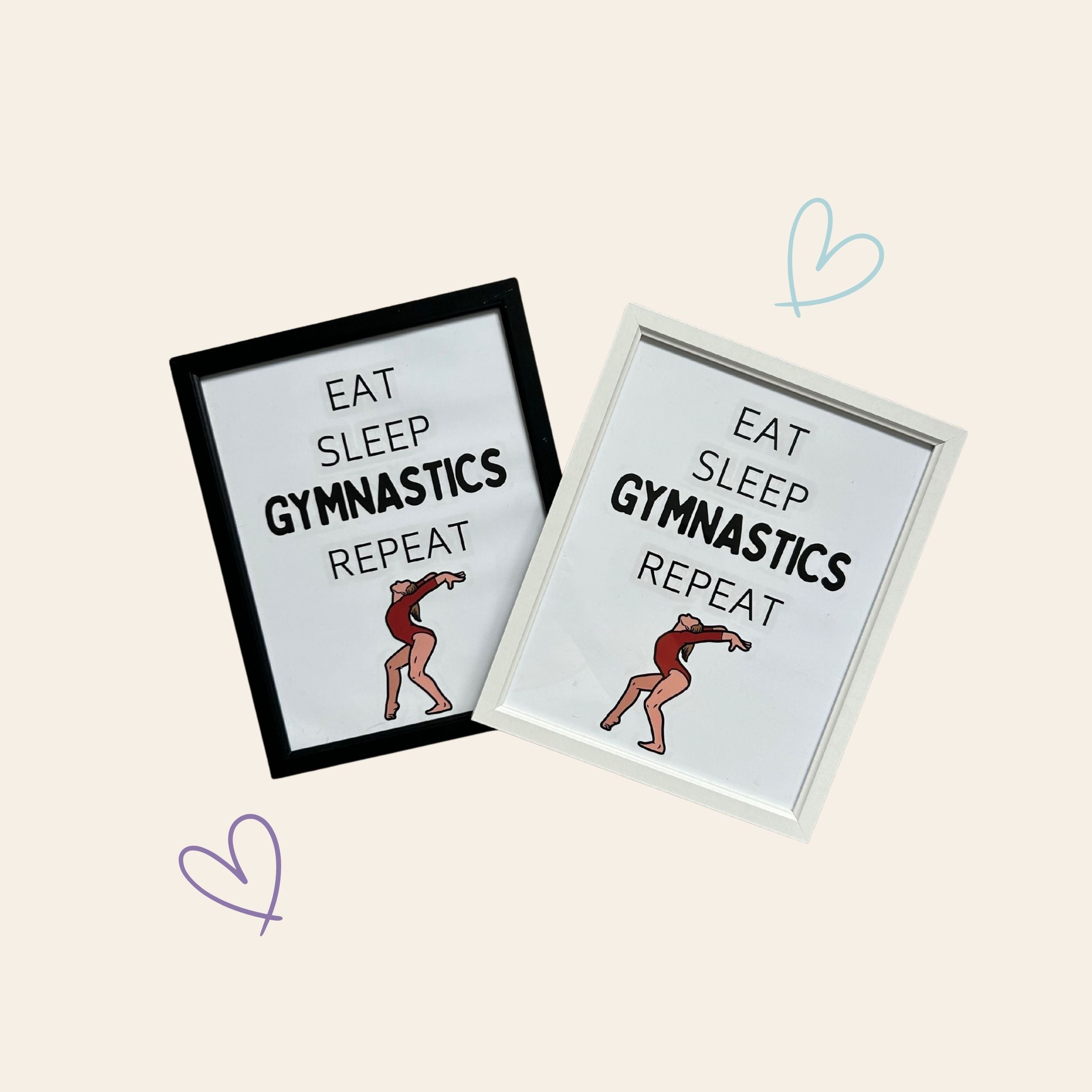 Two framed gymnastics posters with 'Eat Sleep Gymnastics Repeat' text and a gymnast illustration on a beige background.