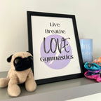 Framed gymnastics print 'Live, Breathe, Love Gymnastics' with a teddy and scrunchies