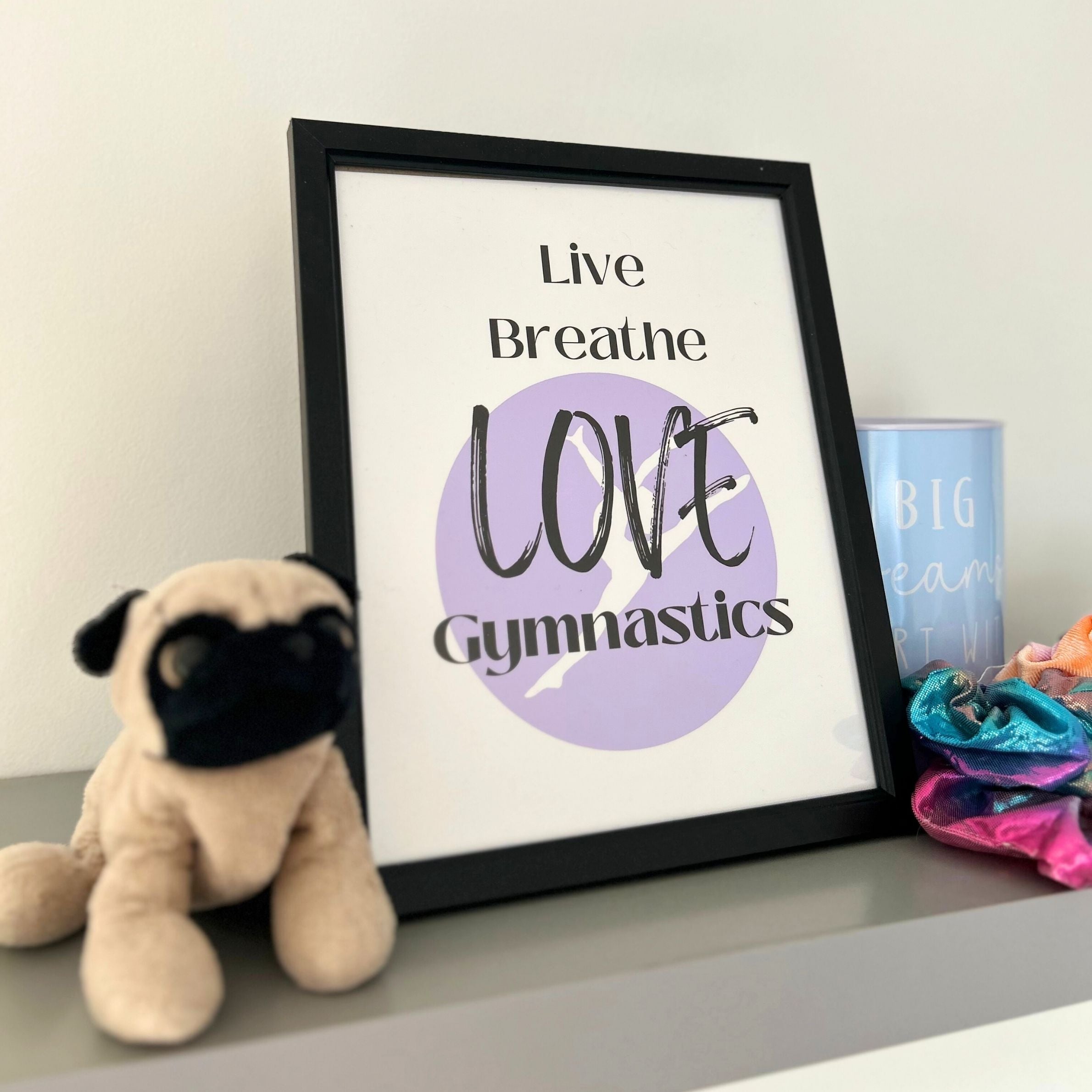 Framed gymnastics print 'Live, Breathe, Love Gymnastics' with a teddy and scrunchies