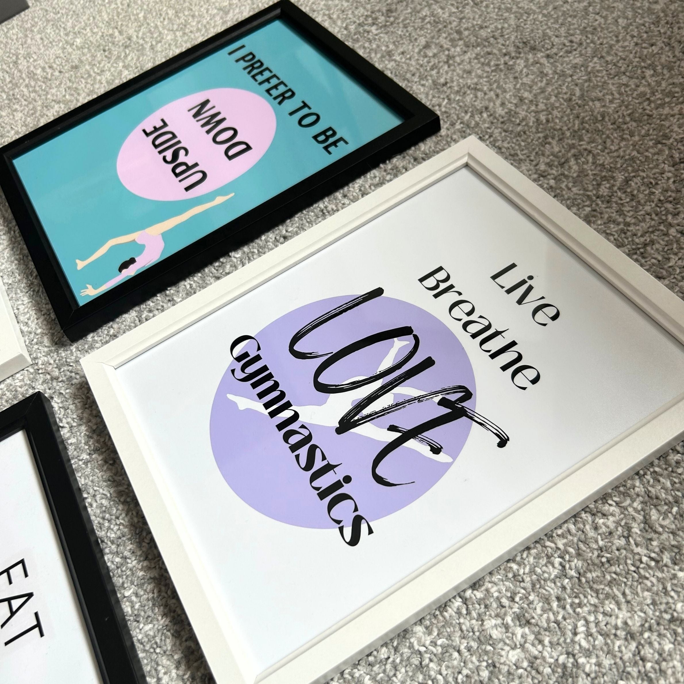 White framed gymnastics prints live breathe love gymnastics