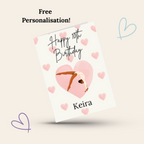 Gymnastics birthday card with a gymnast design, hearts, and text on a beige background