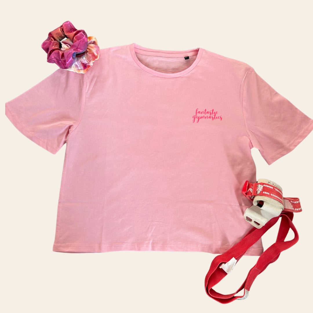 Pink gymnastics t-shirt with 'fantastic gymnastics' logo, scrunchie, handguards and loops on a cream background