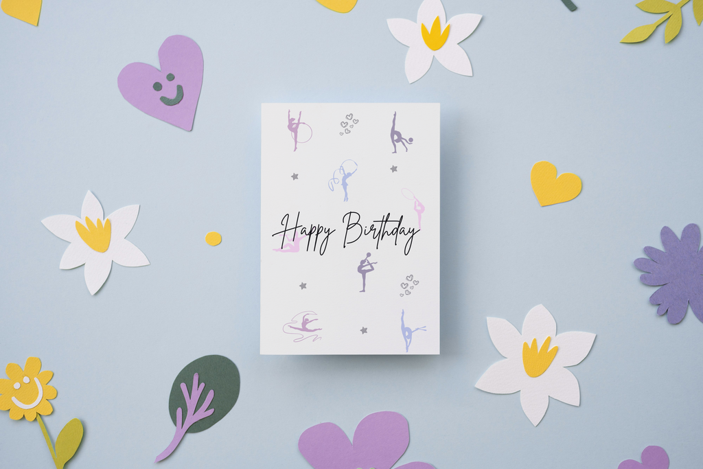Gymnastics birthday card with colorful paper flowers and hearts on a light blue background
