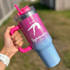 Blue and pink shimmer 40oz tumbler with text 'in my gymnastics era' and back handspring graphic 