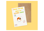 Gymnastics thank you card for coach with 'Thank you for being an amazing coach' text and boys gymnastics illustrations on a yellow background