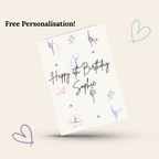 Personalised gymnastics birthday card with rhythmic gymnast illustrations on a beige background